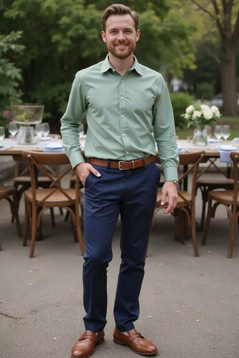 Cuban Collar Shirt and Trousers A professional photo, similar to a photo in a wedding magazine, of a man wearing a sage green Cuban collar shirt, navy tailored trousers, and leather loafers at a relaxed garden wedding reception.