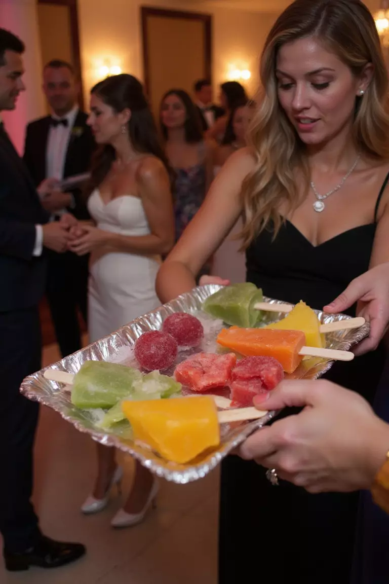 Add Late-Night Summer Snacks A professional photo, similar to a photo in a wedding magazine, of colorful gourmet popsicles being handed out to guests on a dance floor late at night during a wedding reception.