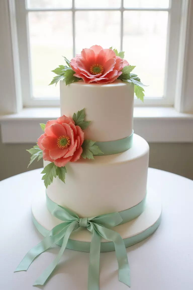 Coral Crush And Mint Green A professional photo, similar to a photo in a wedding magazine, of a wedding cake decorated with coral sugar flowers and mint green ribbon details. Bright, natural light highlights the fresh colors.