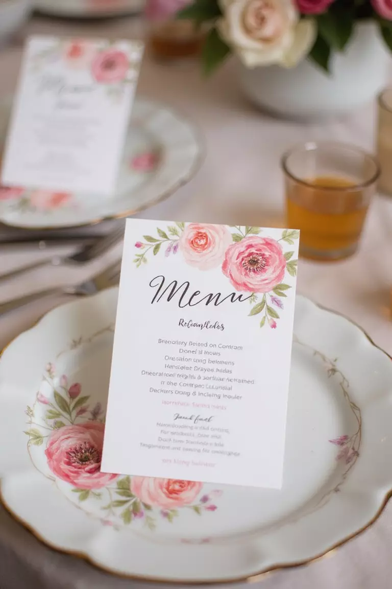 Elegant Menu Cards A professional photo, similar to a photo in a wedding magazine, of beautifully printed menu cards placed on each plate, matching the party's floral theme and color scheme. Soft focus background.