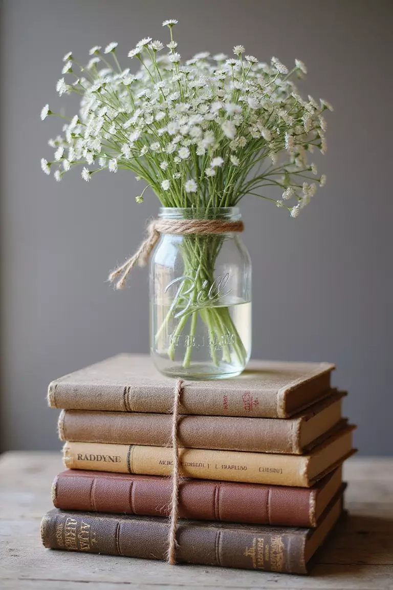 Book Stack with Flowers A professional photo, similar to a photo in a wedding magazine, of a stack of vintage hardcover books tied with twine, topped with a small mason jar holding baby's breath.