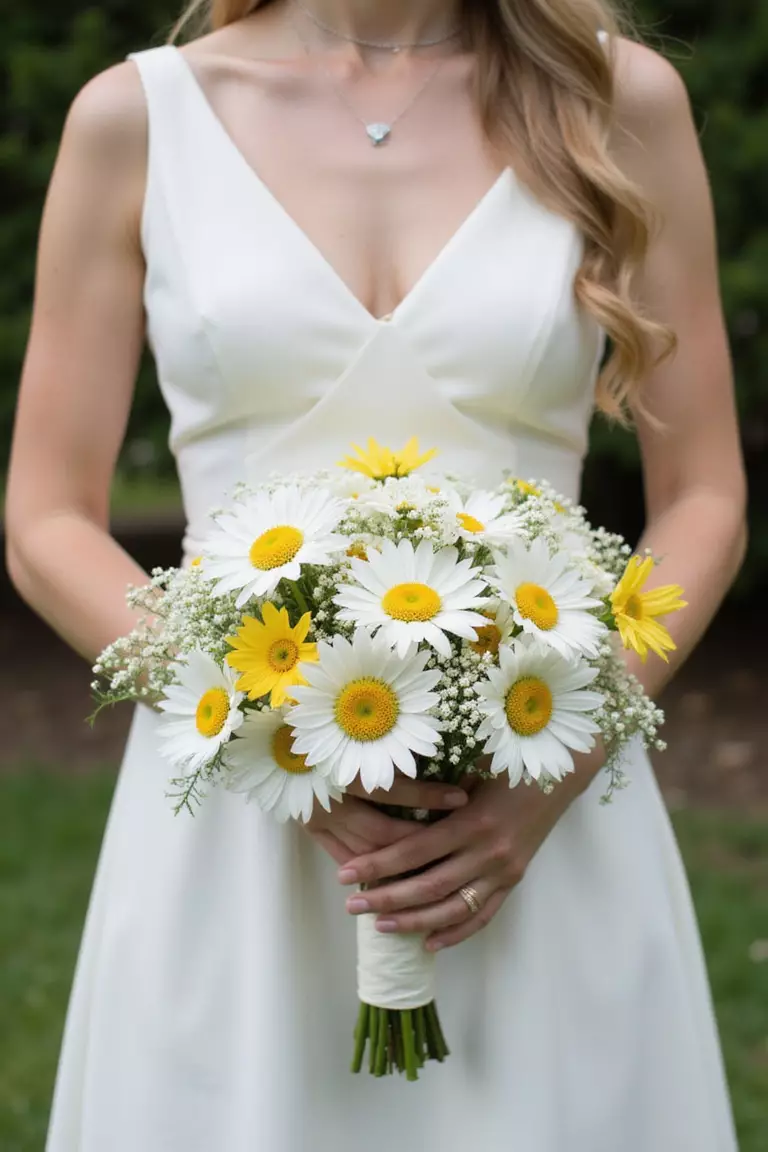 Daisy Chain Delight A professional photo, similar to a photo in a wedding magazine, of a bride holding a youthful bouquet mainly composed of white oxeye daisies with some yellow buttercups mixed in.