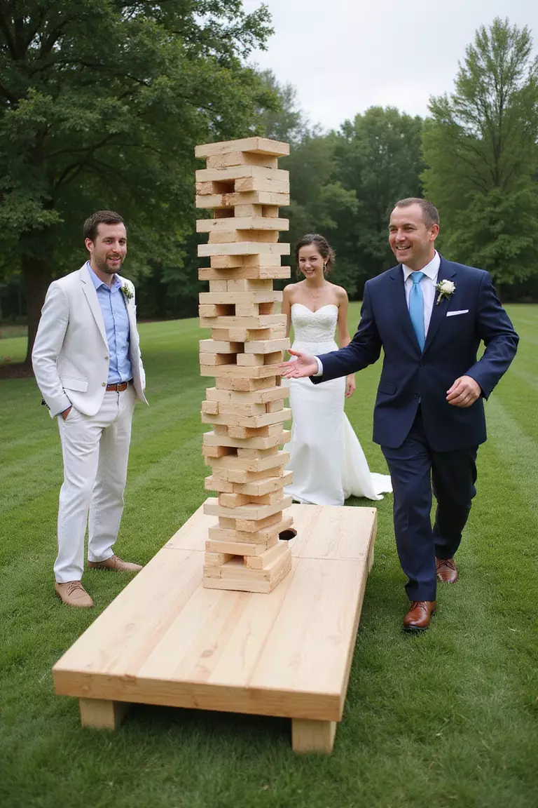 Include Fun Lawn Games A professional photo, similar to a photo in a wedding magazine, of wedding guests laughing while playing giant Jenga and cornhole on a green lawn during cocktail hour.