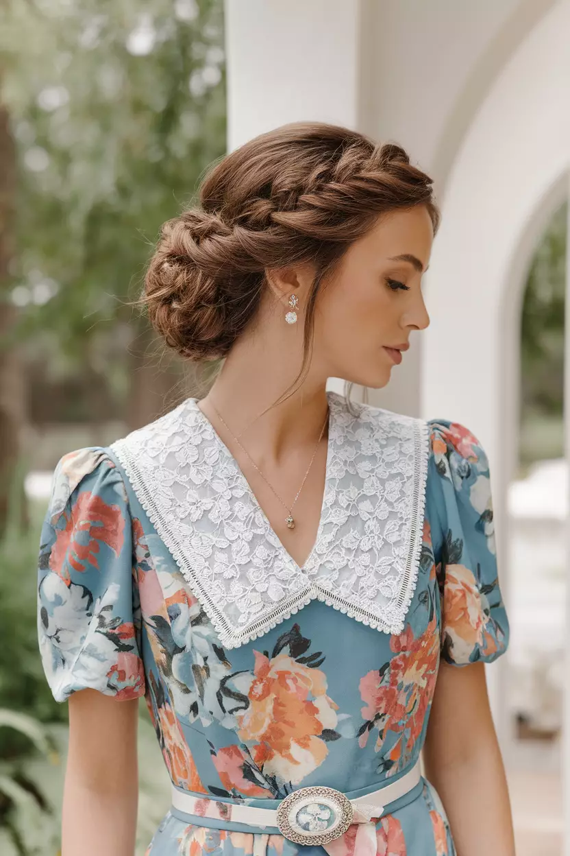 Knotted Updo A beautiful woman with a knotted updo hairstyle, for a summer wedding guest look.