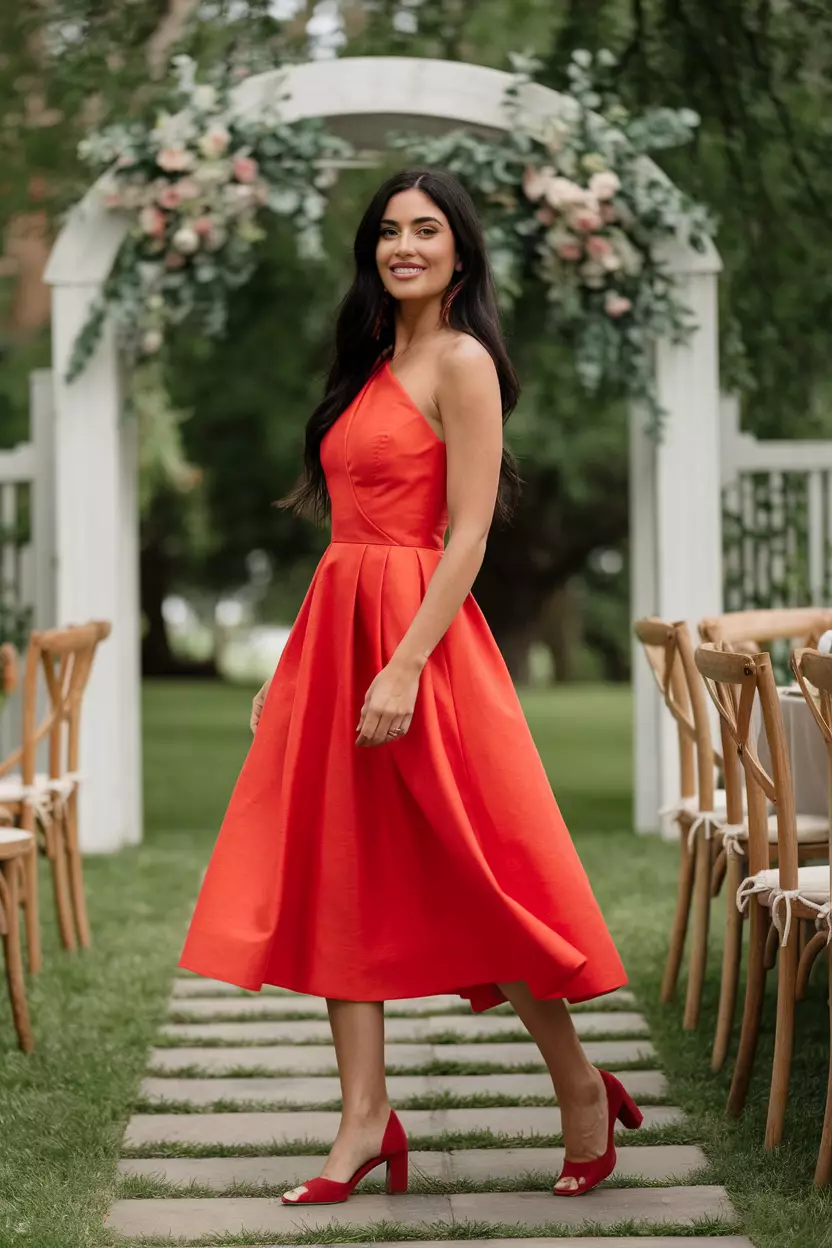 Red Linen Midi Dress A beautiful woman in a stylish vibrant red linen midi dress, outdoor summer wedding reception.