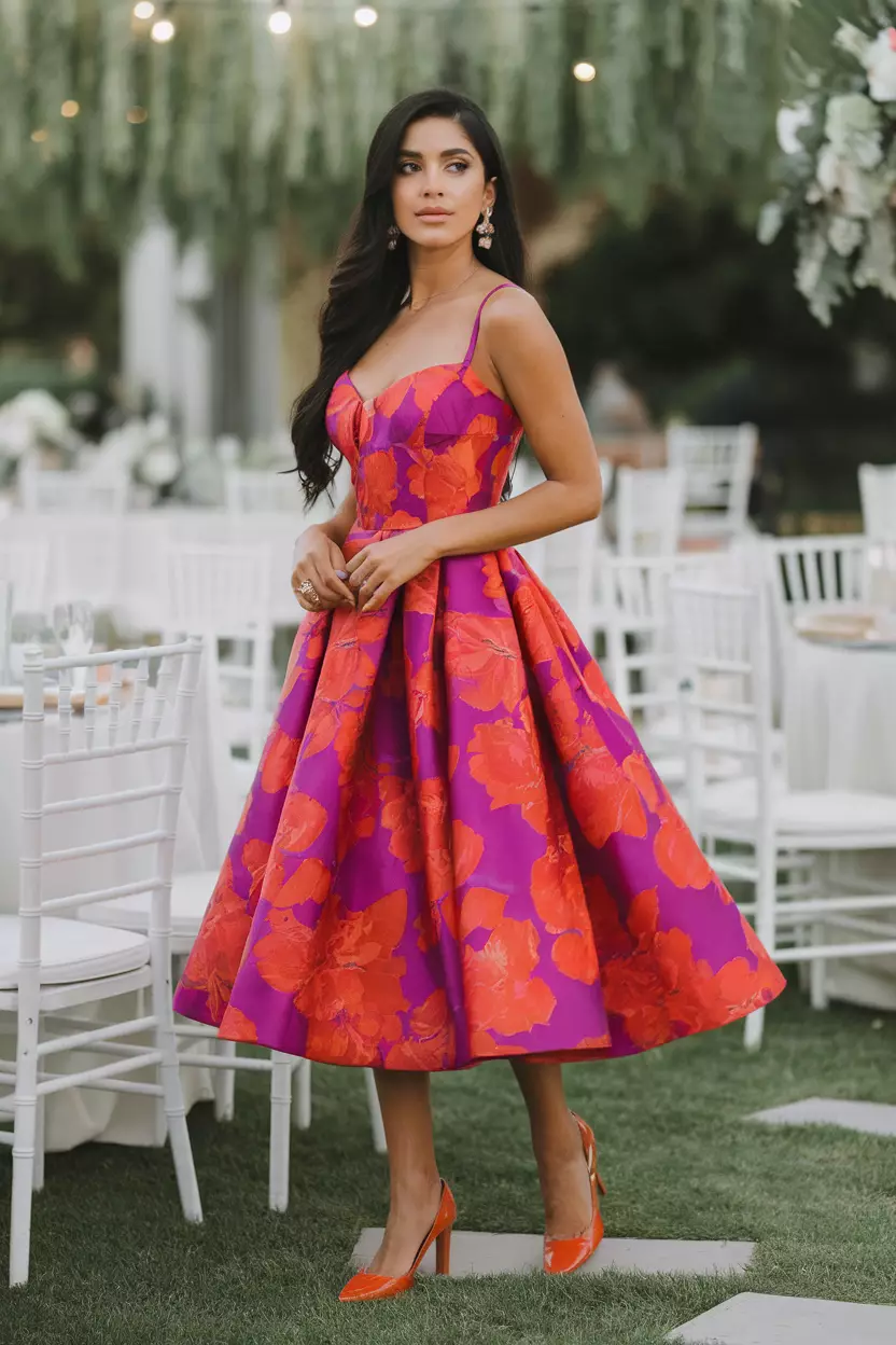 Fuchsia and Orange Floral Midi Dress A beautiful woman in a stylish fuchsia and orange floral midi dress, outdoor summer wedding reception.