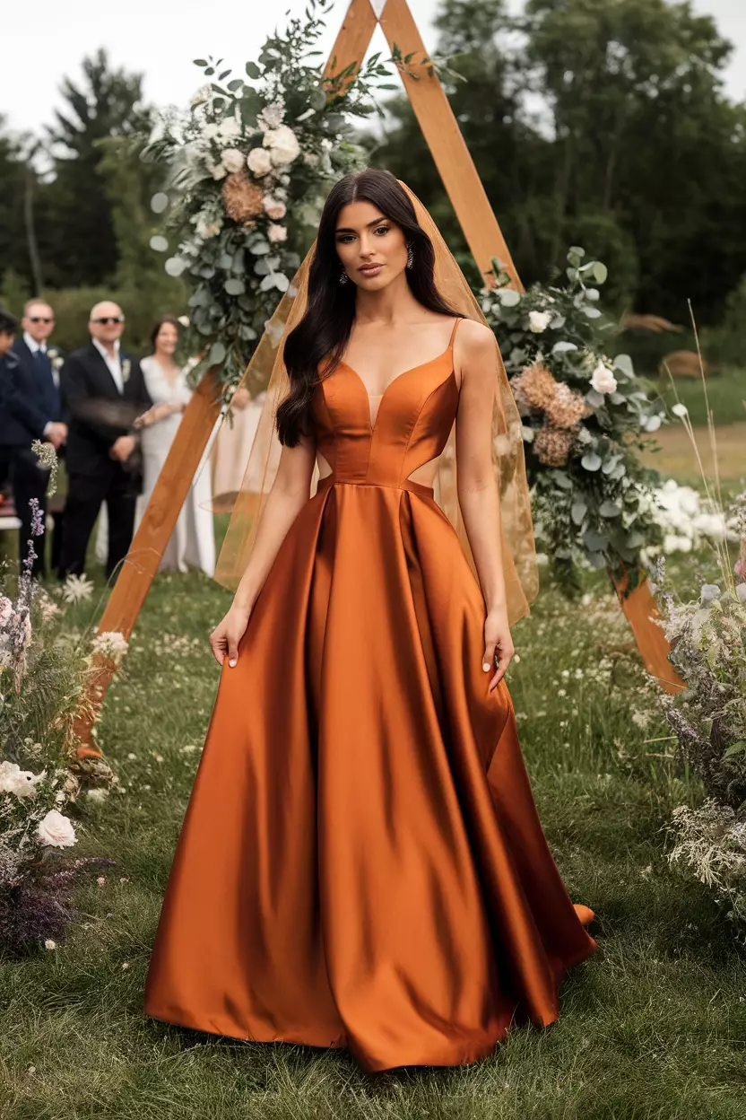 Burnt Orange Satin Cut Out Maxi Dress A beautiful bride wearing a rich burnt orange satin maxi dress with subtle side cutouts at the waist, shimmering slightly.