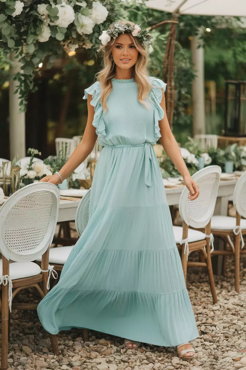 Light Blue Ruffled Smock Dress A beautiful woman in a stylish light blue ruffled smock dress, outdoor summer wedding reception.