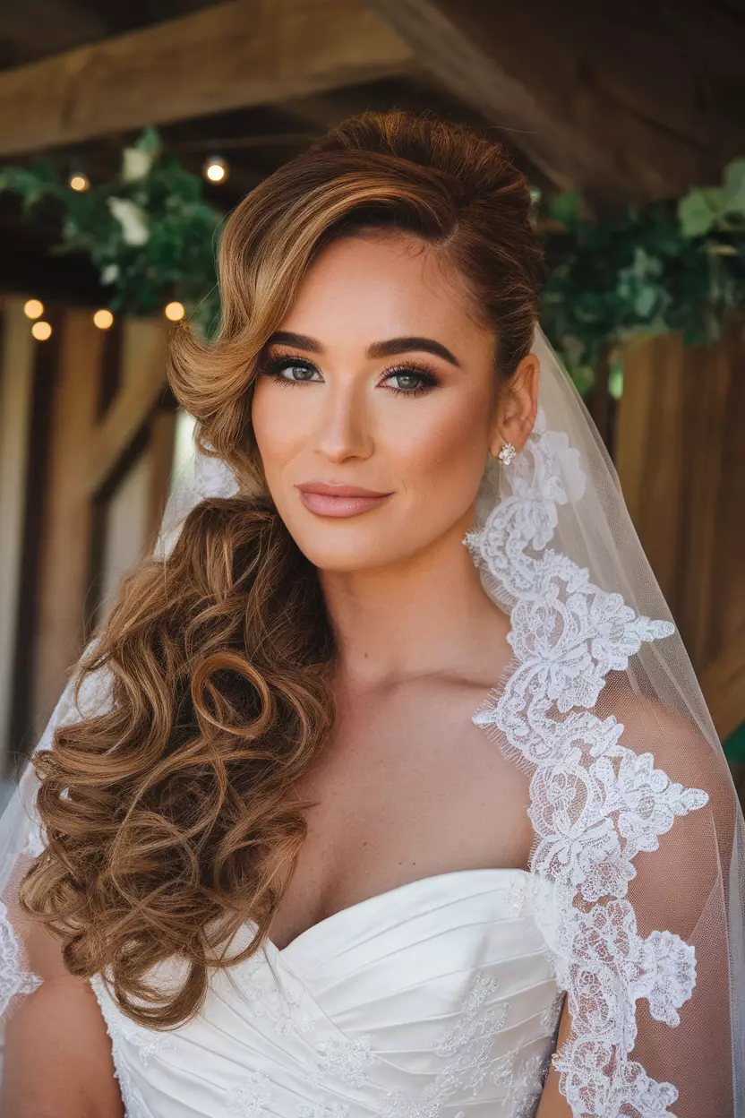Bridal Ponytail With Curls A beautiful bride with a bridal ponytail featuring soft curls hairstyle.