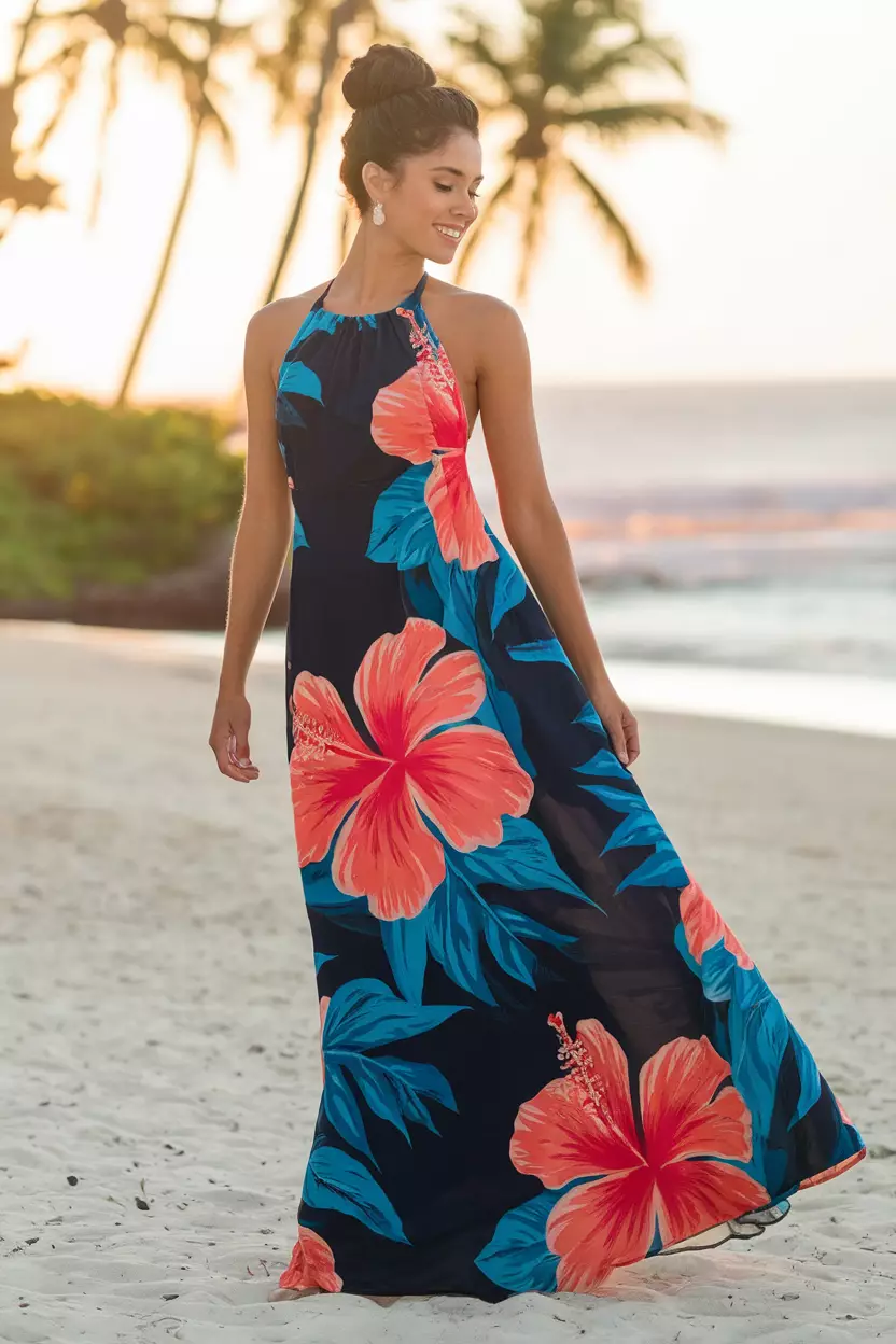 Halter Neck Maxi Dress With Hibiscus Flower Print A beautiful bride wearing a halter neck maxi dress featuring a bold, tropical hibiscus flower print on a dark background.