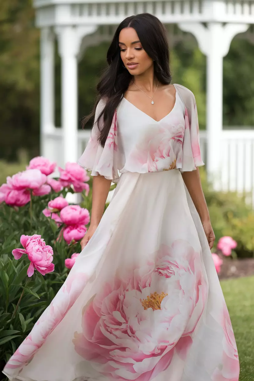 Flowy Chiffon Maxi Dress With Peony Print A beautiful bride wearing an ethereal light chiffon maxi dress featuring a large, soft peony print, gently flowing.
