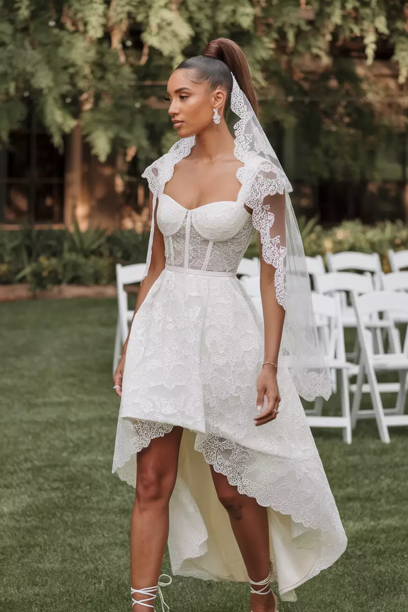 Ponytail A beautiful woman with a sleek, high ponytail hairstyle, looking chic as a summer wedding guest.