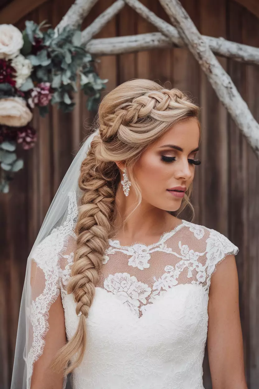 Bridal Fishtail Braid A beautiful bride with an intricate bridal fishtail braid hairstyle.