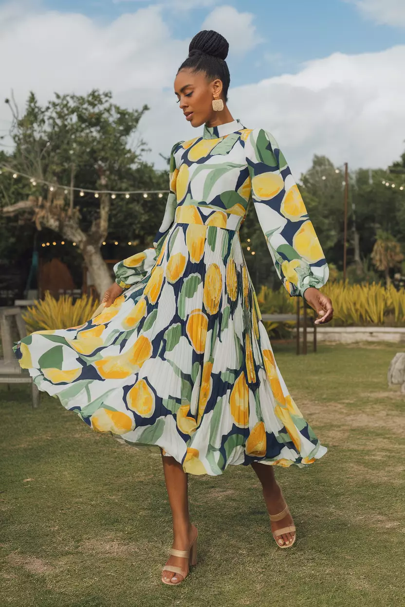 Pleated Midi Dress With Abstract Lemon Print A beautiful woman in a stylish pleated midi dress featuring a modern abstract lemon print, outdoor summer wedding reception.