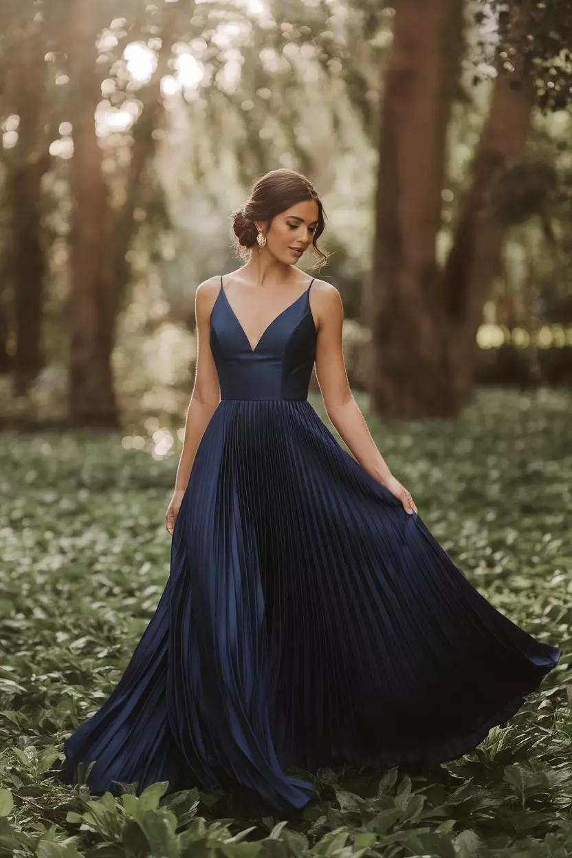 Navy Blue Pleated Satin Maxi Dress A beautiful bride wearing a deep navy blue satin maxi dress featuring fine pleats throughout the skirt, creating elegant movement.