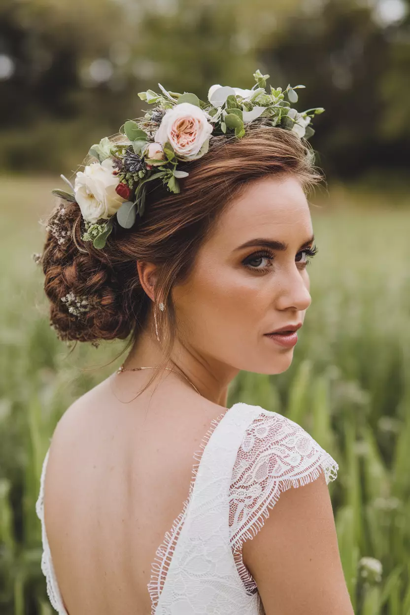 Floral Updo A beautiful woman with a floral updo hairstyle, perfect for a summer wedding theme.
