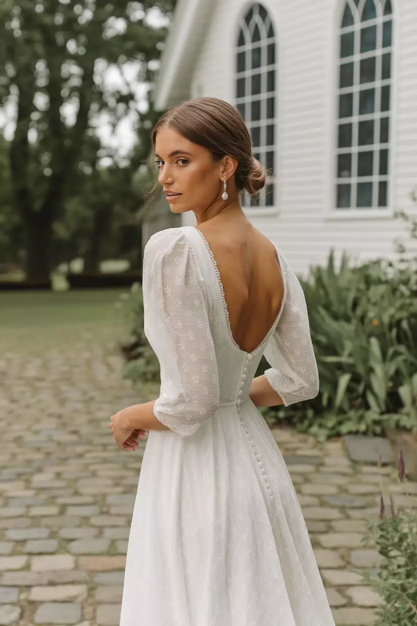 Low Bun A beautiful woman with a low bun hairstyle, attending a summer wedding.