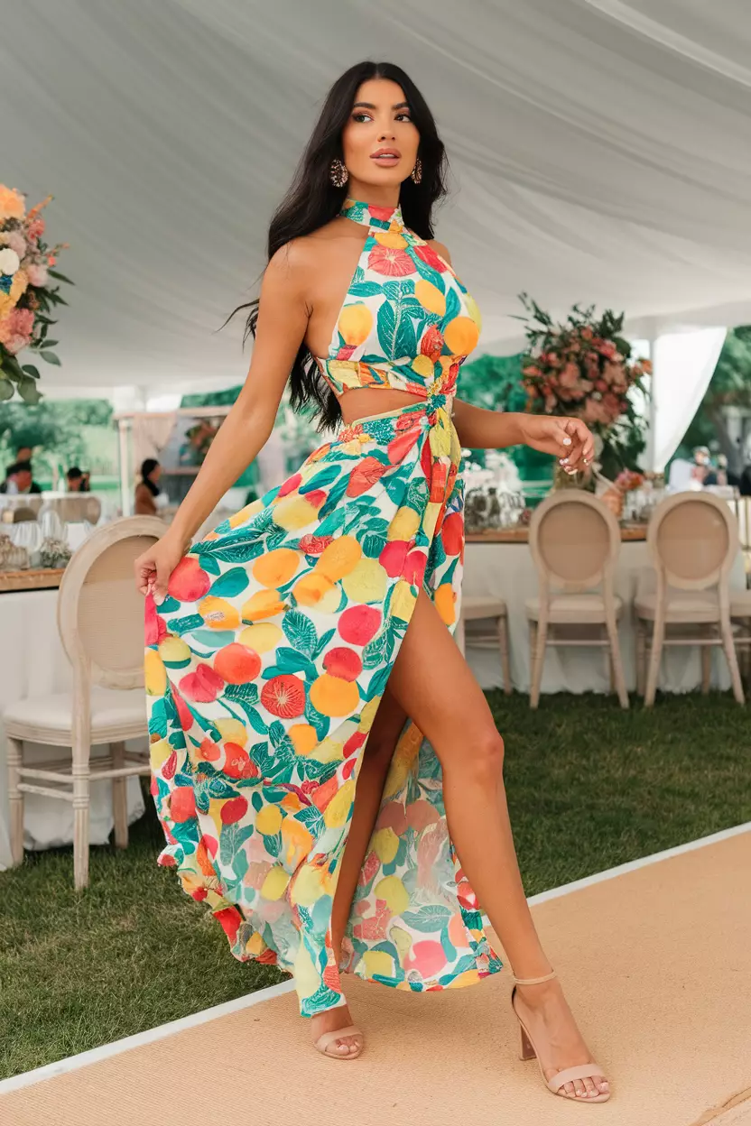 Halter Neck Maxi Dress With Fruit Print A beautiful woman in a stylish halter neck maxi dress covered in a colorful fruit print, outdoor summer wedding reception.