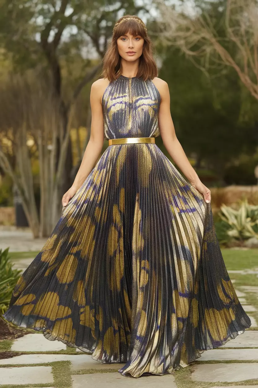 Pleated Metallic Maxi Dress With Abstract Floral Print A beautiful bride wearing a shimmering pleated metallic maxi dress featuring a unique abstract floral print in gold and silver hues.