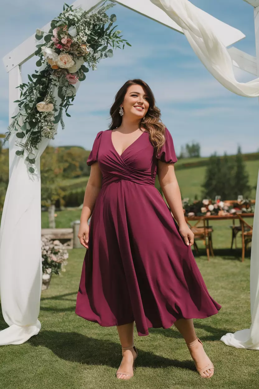 Plus-Size Magenta Midi Dress A beautiful woman in a stylish plus-size magenta midi dress, outdoor summer wedding reception.