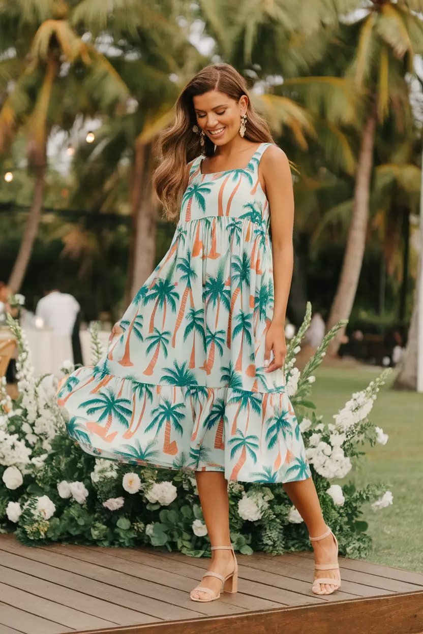 Cotton Babydoll Dress With Palm Tree Print A beautiful woman in a stylish cotton babydoll dress adorned with a playful palm tree print, outdoor summer wedding reception.