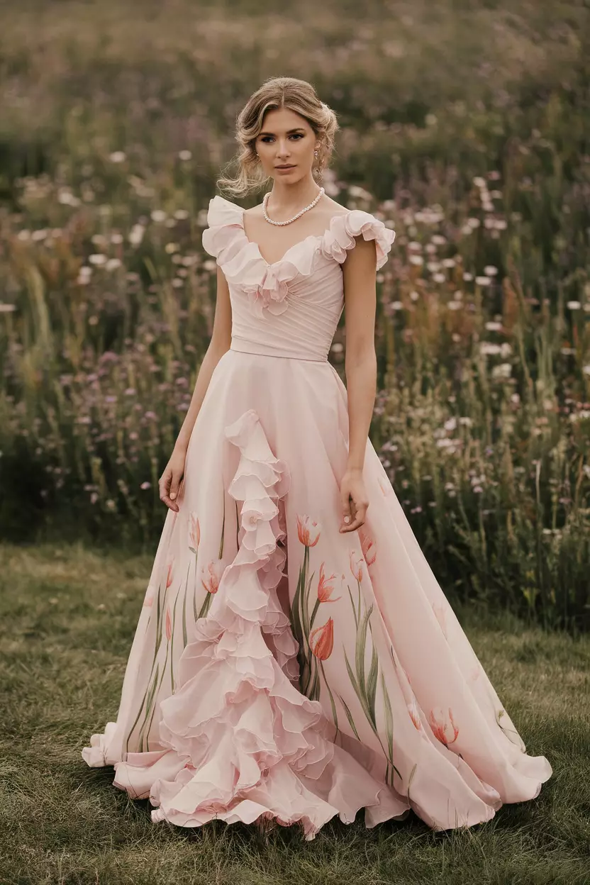 Pink Ruffled Maxi Dress With Tulip Print A beautiful bride wearing a soft pink maxi dress detailed with cascading ruffles and a delicate tulip flower print.