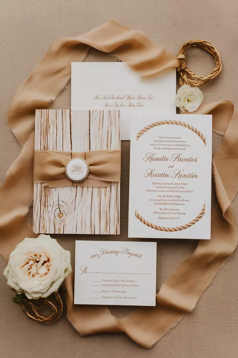 Western Style Invitations A professional photo, similar to a photo in a wedding magazine, of a close-up on a rustic wedding invitation suite featuring rope details and wood grain patterns.