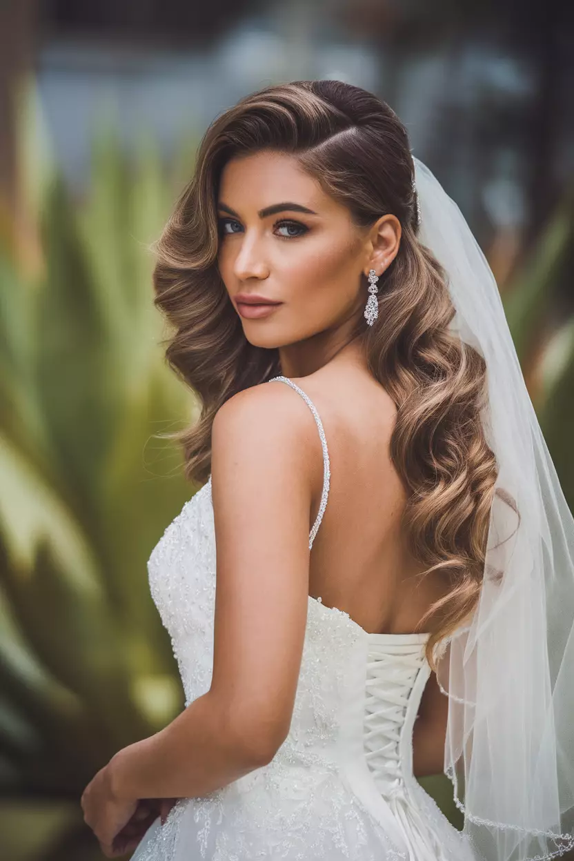 Wavy Hair With A Side Parting A beautiful bride with wavy hair and a deep side parting hairstyle.