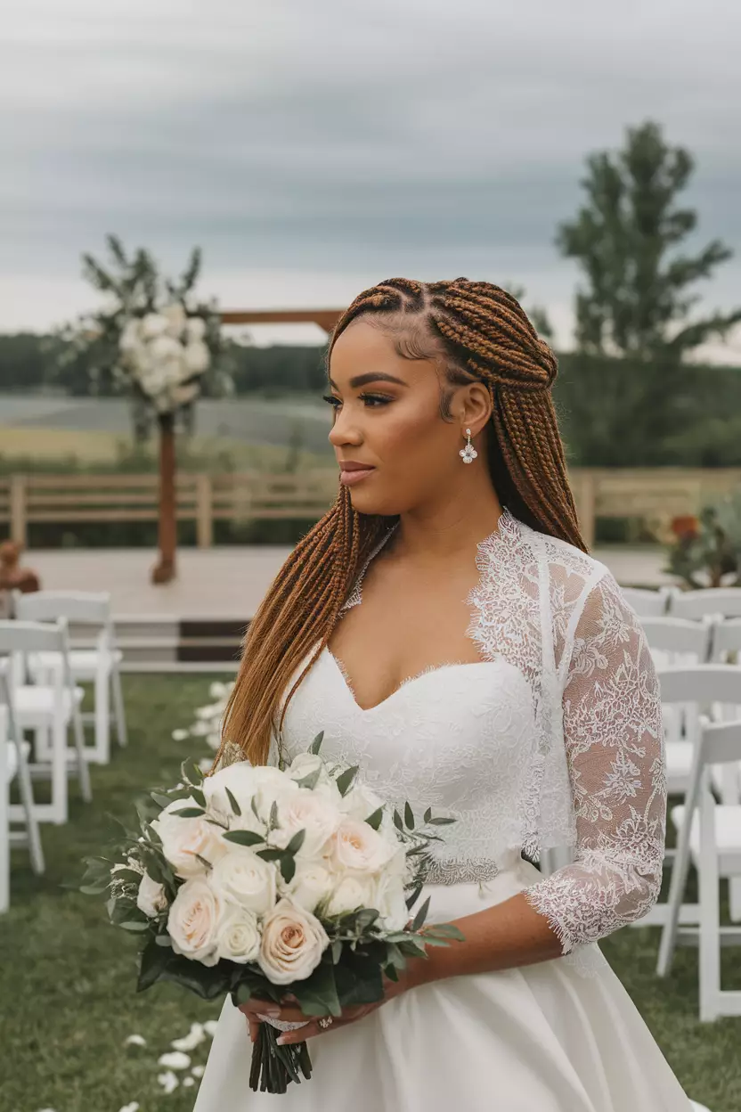 Braids A beautiful woman with elegant braids hairstyle for a summer wedding attendee.