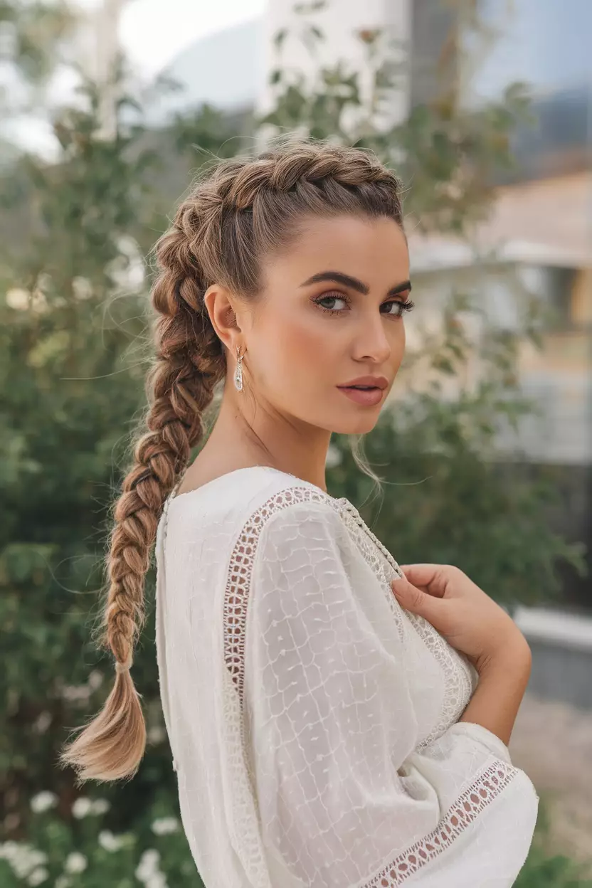 Fishtail Braid A beautiful woman with a fishtail braid hairstyle, styled loosely for a summer wedding.