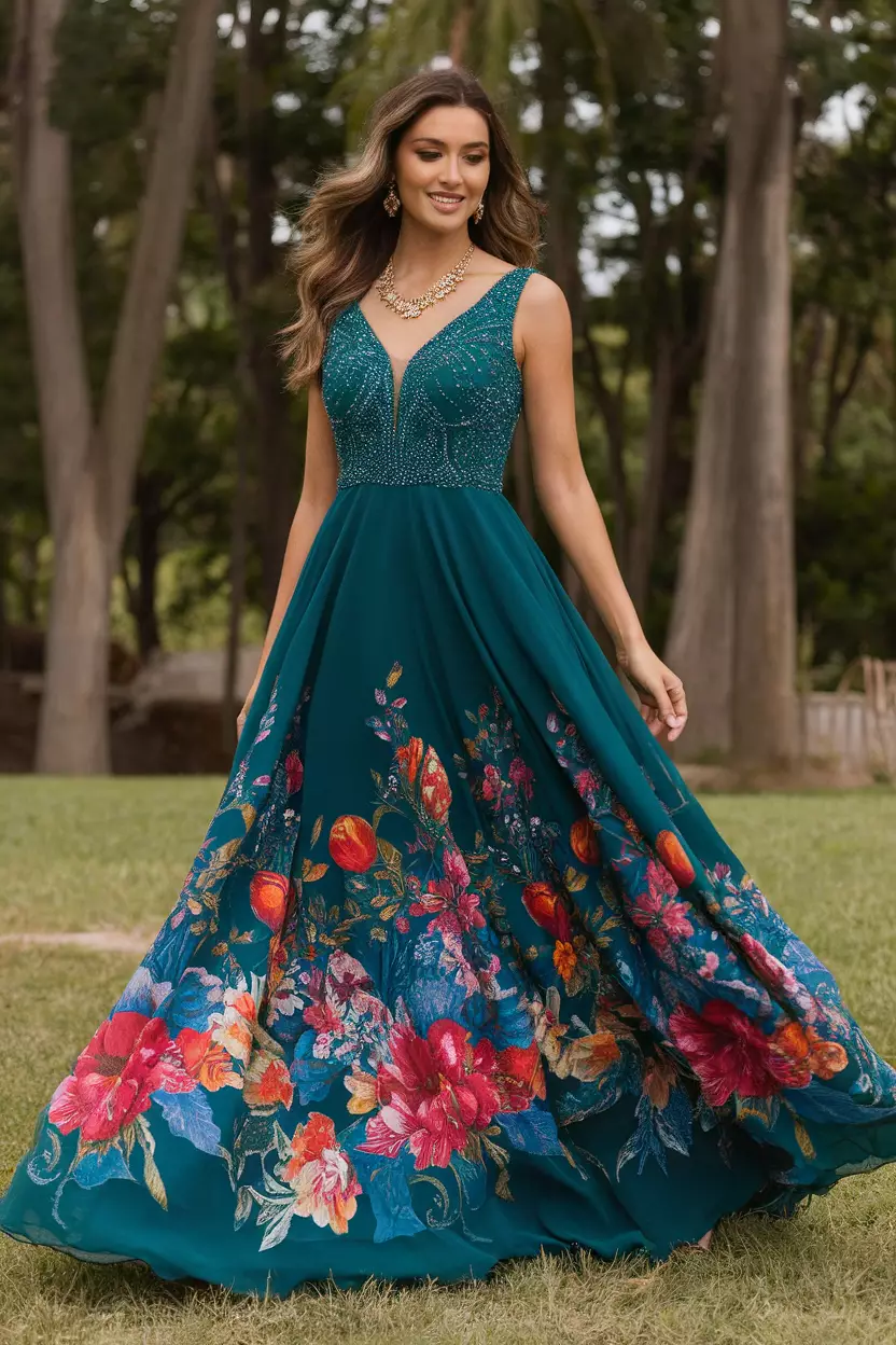 Teal Floral Maxi Dress A beautiful bride wearing a deep teal maxi dress covered in a vibrant, detailed floral print, with a flowing A-line skirt.