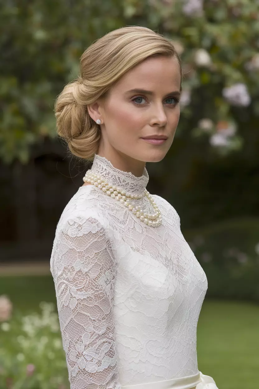 Low Bun Wedding Hairstyle A beautiful bride with an elegant low bun wedding hairstyle.