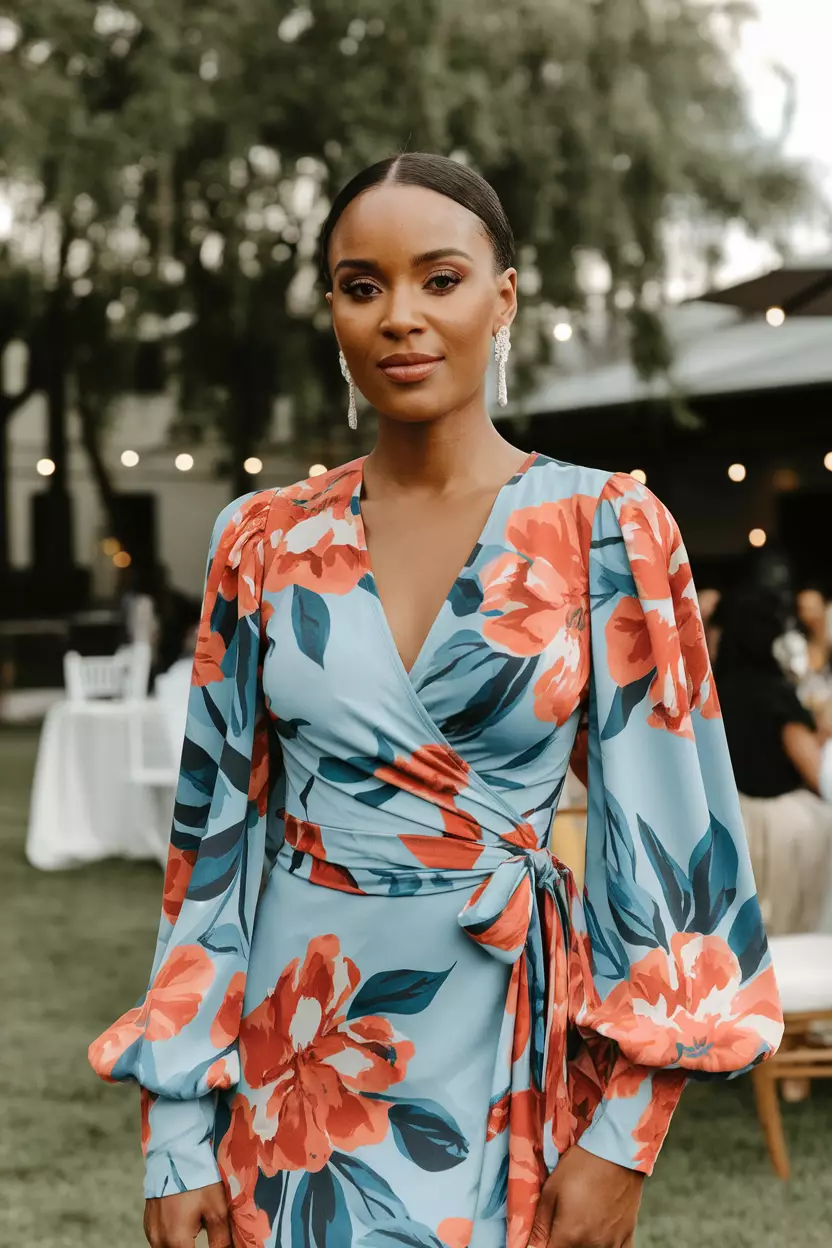 Floral Print Wrap Dress With Long Sleeves A beautiful woman in a stylish floral print wrap dress with elegant long sleeves, outdoor summer wedding reception.