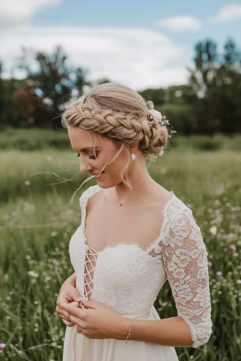 Braided Crown A beautiful woman with a braided crown hairstyle, a romantic look for a summer wedding.