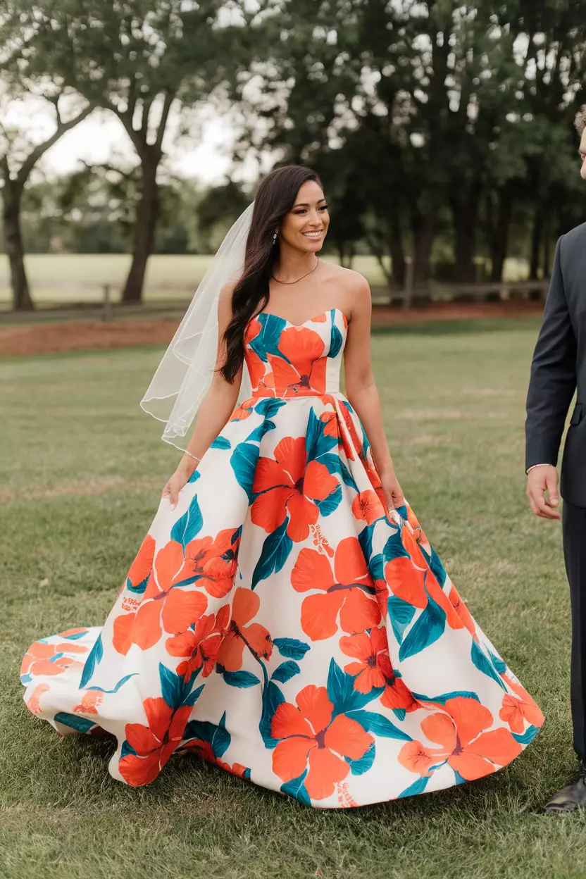 Strapless Maxi Dress With Hibiscus Flower Print A beautiful bride wearing a strapless maxi dress adorned with large, vivid hibiscus flower prints against a light background.