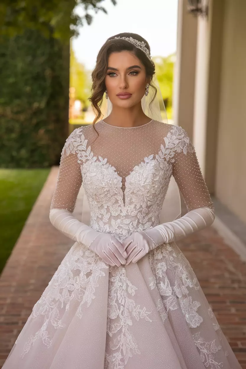 A beautiful bride in a tulle A-line wedding dress with ivory floral lace.