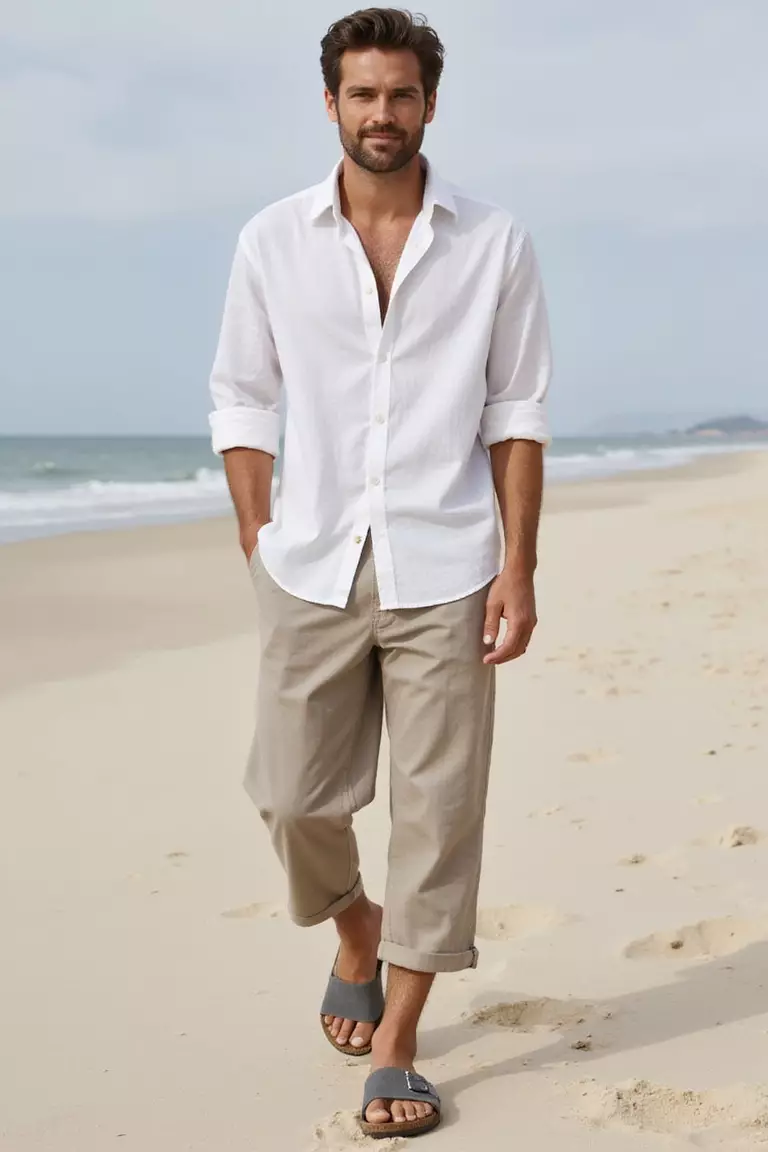 White Shirt, Neutral Linen Cropped Pants, Grey Birkenstocks A professional photo, similar to a photo in a wedding magazine, of a man wearing a loose white linen shirt, beige cropped linen pants, and comfortable grey Birkenstocks walking on beach sand.