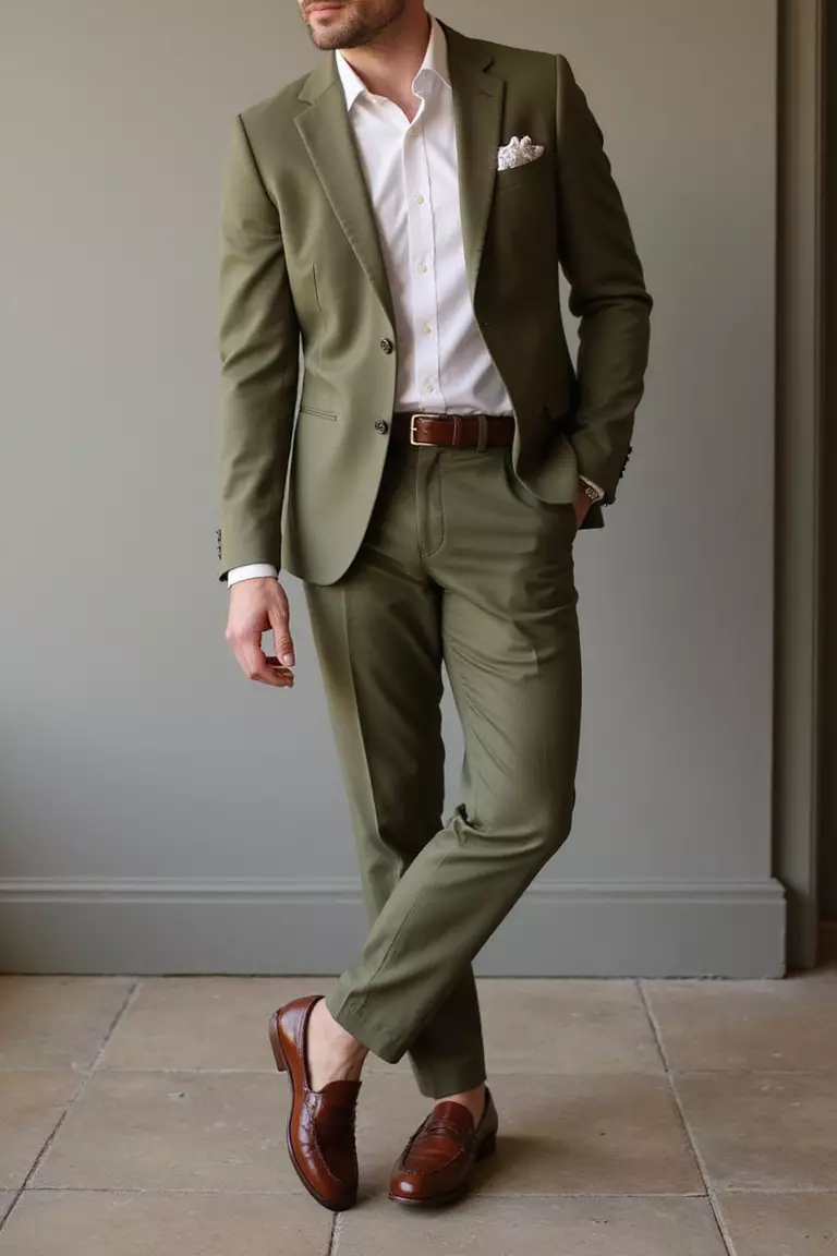 Light Olive Suit, White Shirt, No Tie, Cognac Loafers A professional photo, similar to a photo in a wedding magazine, of a man wearing a light olive suit, open-collar white shirt, and rich cognac penny loafers.