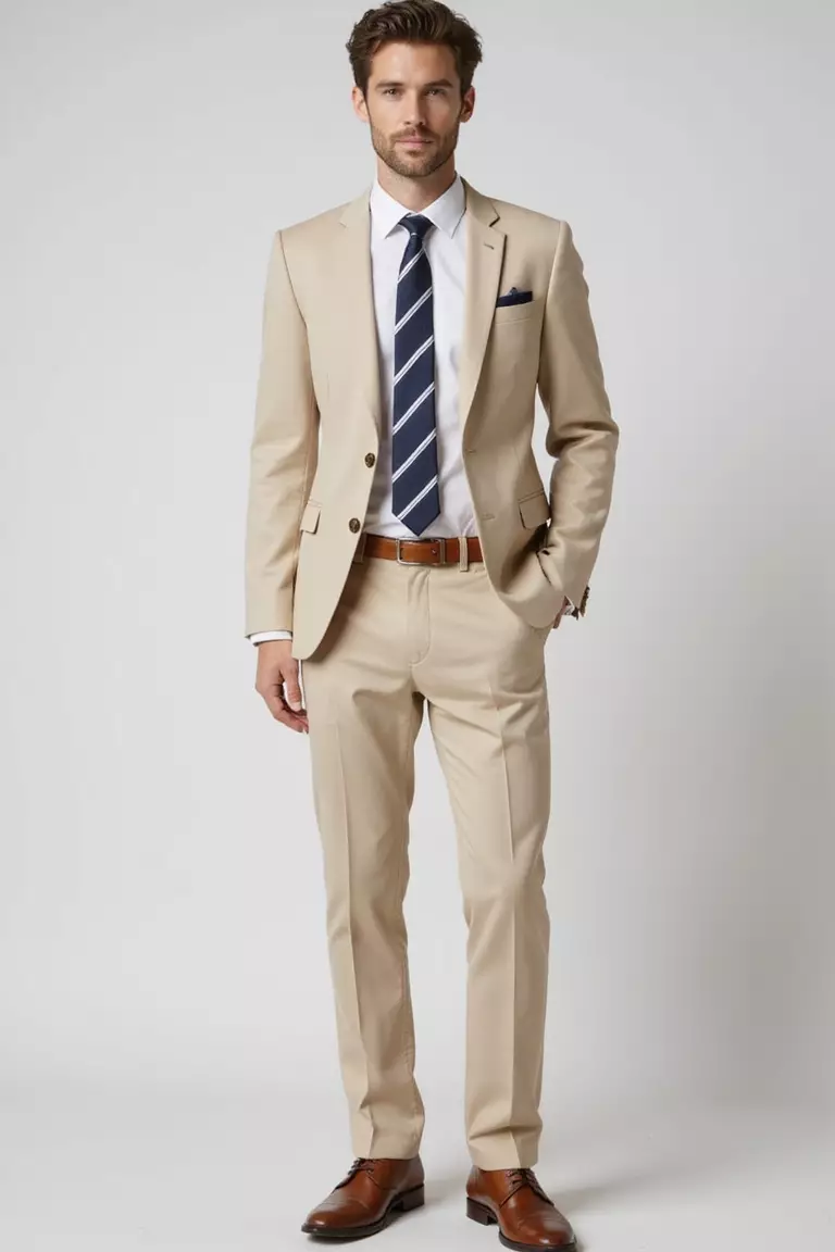 Champagne Linen Suit, White Shirt, Striped Tie, Light Brown Derbies A professional photo, similar to a photo in a wedding magazine, of a man wearing a champagne-colored linen suit, crisp white shirt, navy and white striped tie, and light brown derby shoes.