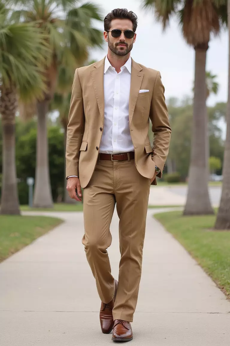 White Shirt, Neutral Linen Pantsuit, Brown Shoes, Sunglasses A professional photo, similar to a photo in a wedding magazine, of a man wearing a crisp white button-down shirt, tan linen suit, polished brown leather dress shoes, and aviator sunglasses near palm trees.