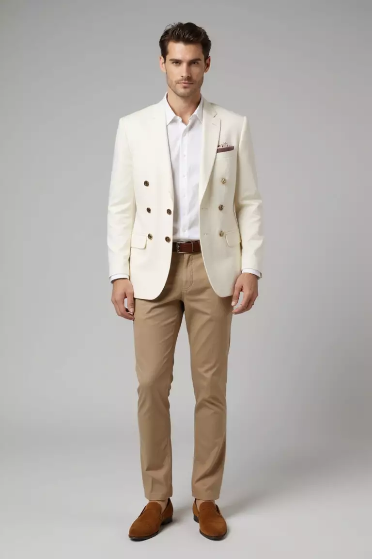 Ivory Double-Breasted Blazer, Beige Pants, White Shirt, Suede Loafers A professional photo, similar to a photo in a wedding magazine, of a man wearing an ivory double-breasted blazer, tailored beige pants, crisp white shirt, and tan suede loafers.