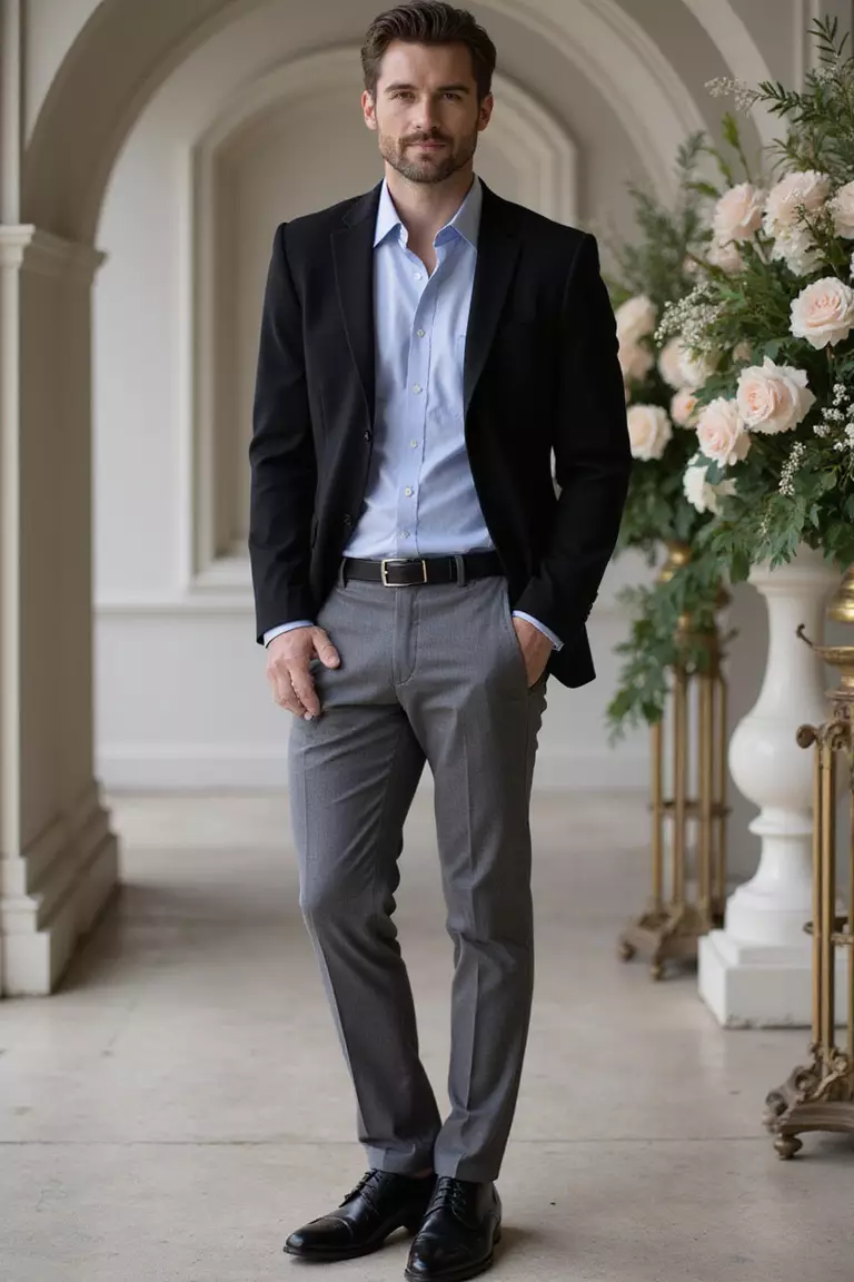 Black Blazer, Light Blue Shirt, Grey Trousers, Black Oxfords A professional photo, similar to a photo in a wedding magazine, of a man wearing a sharp black blazer, crisp light blue shirt, medium grey wool trousers, polished black oxford shoes, standing near elegant wedding decorations.