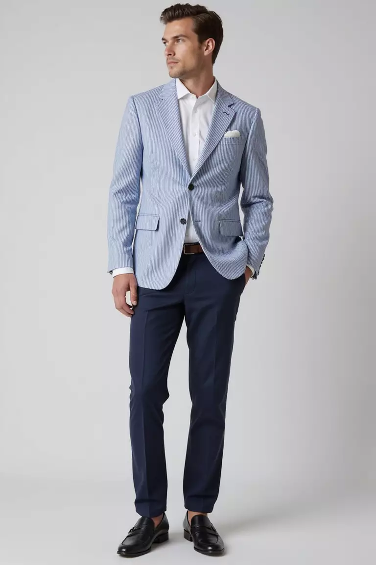 Seersucker Blazer, White Shirt, Navy Trousers, Black Loafers A professional photo, similar to a photo in a wedding magazine, of a man wearing a blue and white striped seersucker blazer, white shirt, navy blue trousers, and black penny loafers.