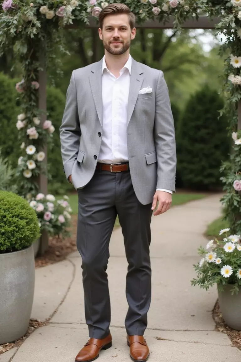 Light Grey Blazer, White Shirt, Charcoal Dress Pants, Brown Loafers A professional photo, similar to a photo in a wedding magazine, of a man wearing a light grey blazer, white button-up shirt, charcoal dress pants, brown loafers, standing casually near garden wedding decorations.