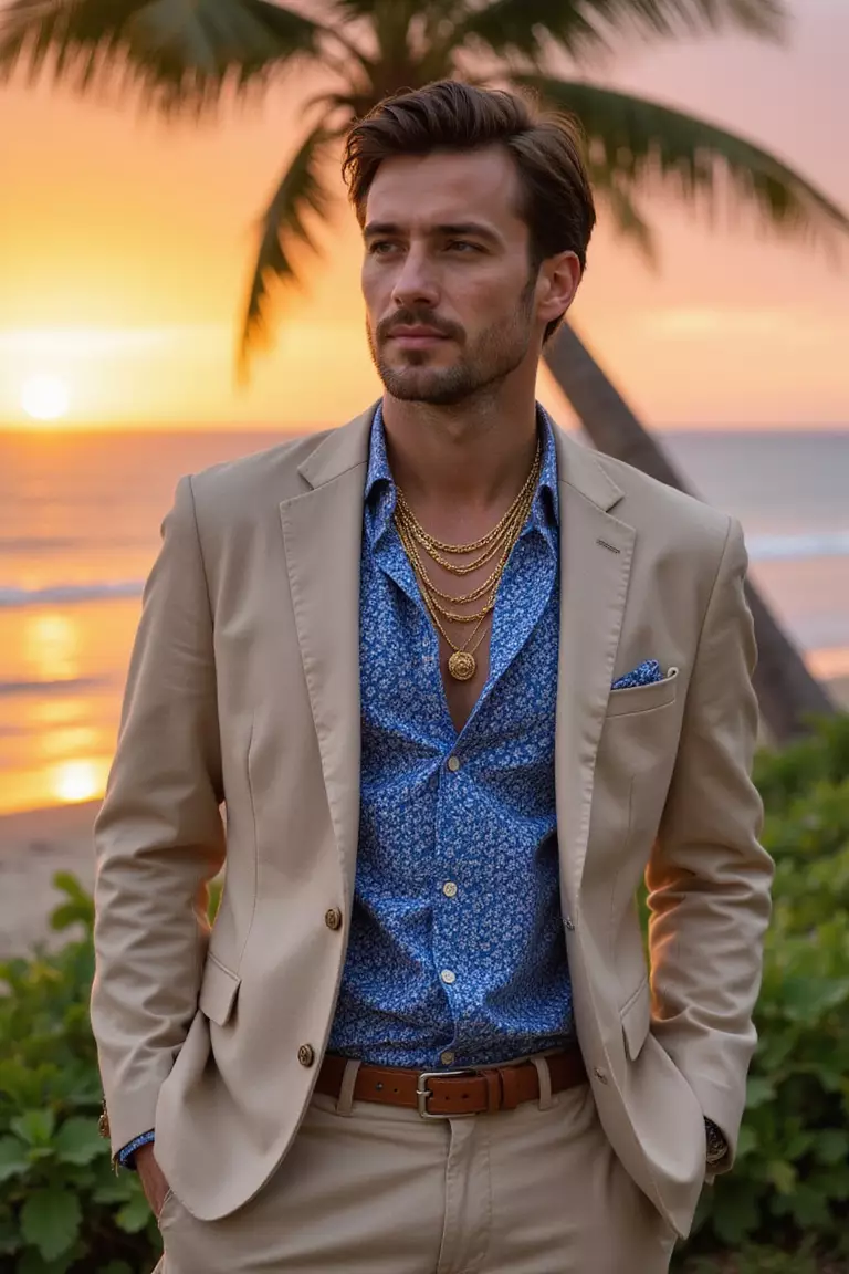 Blue Printed Shirt, Tan Linen Suit, Layered Necklaces A professional photo, similar to a photo in a wedding magazine, of a man wearing a blue patterned button-up shirt, light tan linen suit, several layered gold necklaces standing against tropical sunset background.