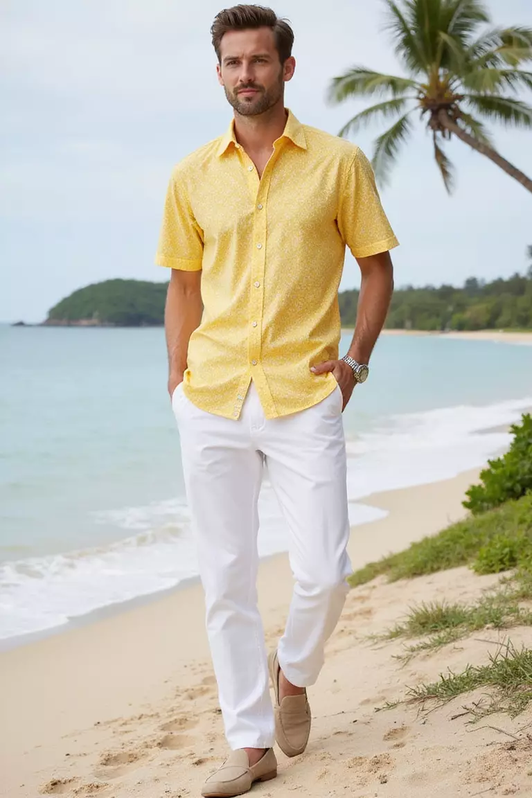 Printed Yellow Shirt, White Trousers, Neutral Loafers A professional photo, similar to a photo in a wedding magazine, of a man wearing a yellow patterned short-sleeve shirt, tailored white linen trousers, and beige suede loafers against tropical beach backdrop.