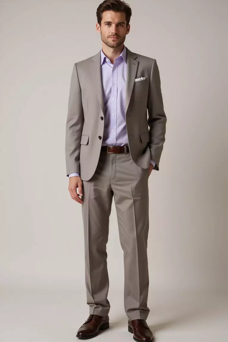 Taupe Linen Suit, Soft Lavender Shirt, Dark Brown Oxfords A professional photo, similar to a photo in a wedding magazine, of a man wearing a taupe linen suit, soft lavender button-up shirt, no tie, and polished dark brown oxford shoes.