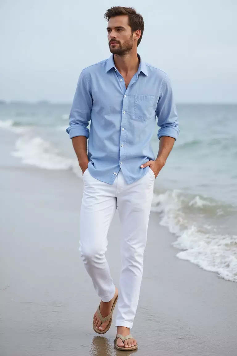 Blue Shirt, White Pants, Neutral Flip-Flops A professional photo, similar to a photo in a wedding magazine, of a man wearing a light blue linen button-up shirt, white cotton pants, and high-quality neutral leather flip-flops walking along shoreline.