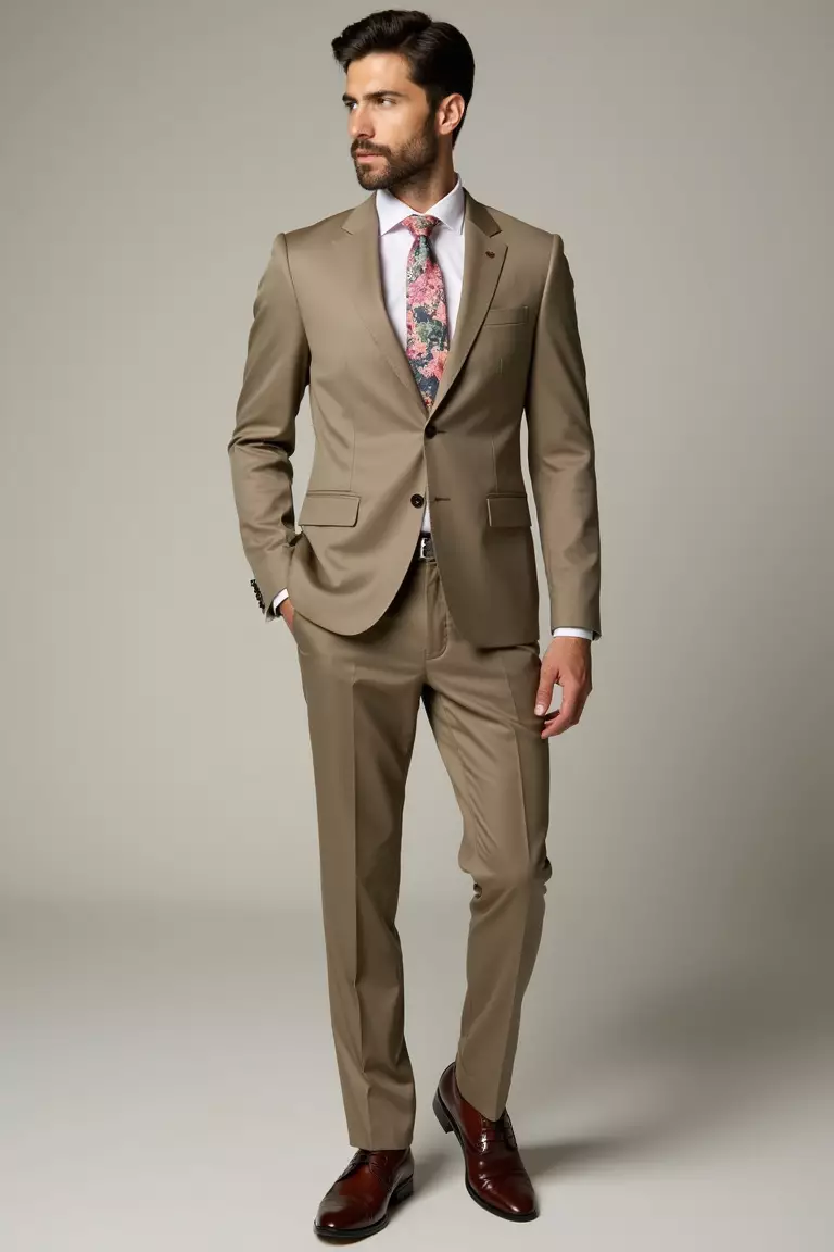 Khaki Suit, White Shirt, Floral Tie, Brown Brogues A professional photo, similar to a photo in a wedding magazine, of a man wearing a tailored khaki suit, white dress shirt, colorful floral tie, and brown brogue shoes.