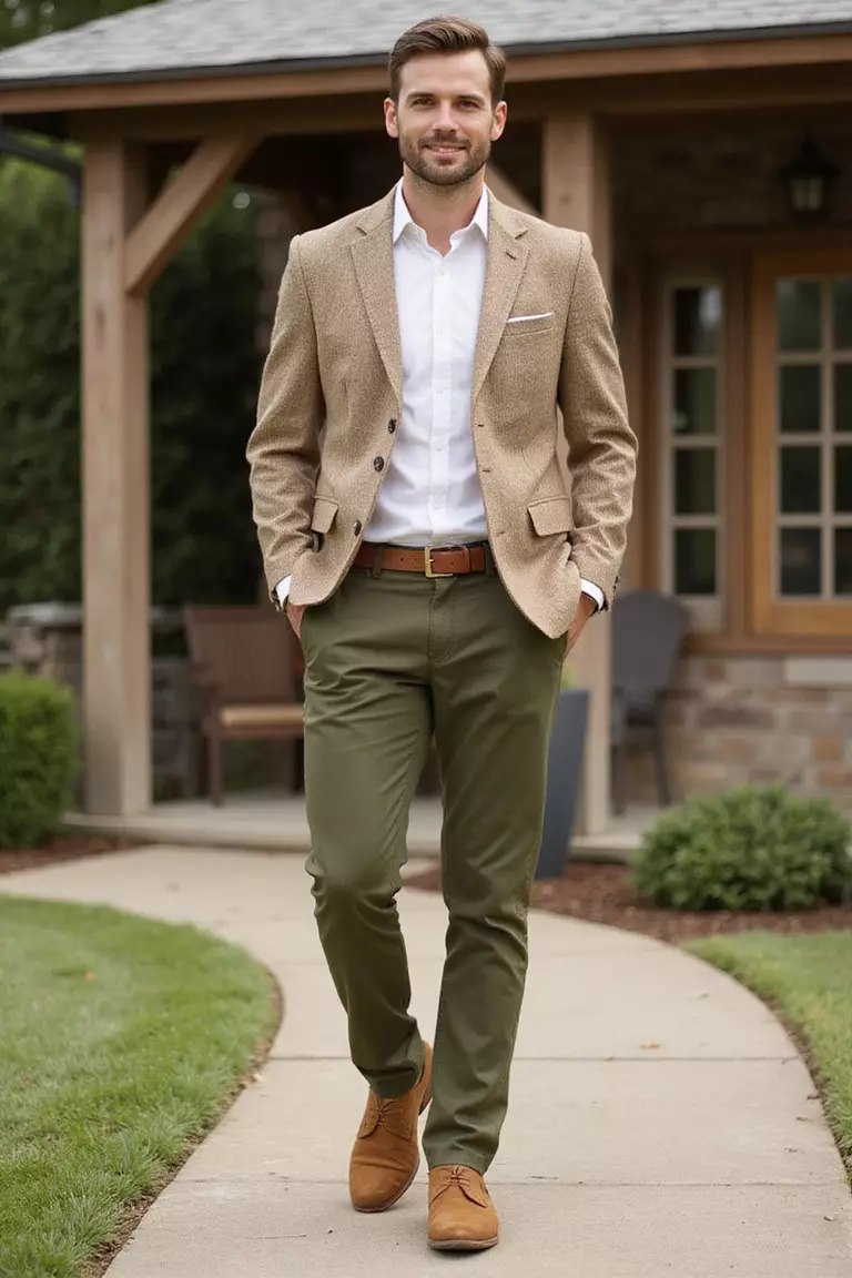 Khaki Blazer, White Shirt, Olive Chinos, Tan Derbies A professional photo, similar to a photo in a wedding magazine, of a man wearing a textured khaki blazer, white button-up shirt, olive green chino pants, tan suede derby shoes, at a rustic outdoor wedding setting.